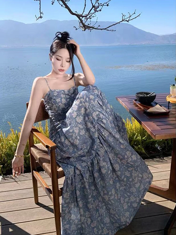 Seksowna Sukienka na Ramiączkach z Wycięciami Damska Letnia Vintage Kwiatowa Sukienka z Odkrytymi Ramionami Plisowana Y2K Sukienki na Cienkich Ramiączkach Wakacje na Plaży Vestidos