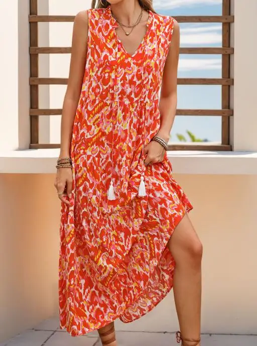 فستان صيفي جديد بدون أكمام ورقبة على شكل حرف V وطباعة تجريدية للنساء فستان كاجوال فضفاض لقضاء عطلة الشاطئ بدون أكمام