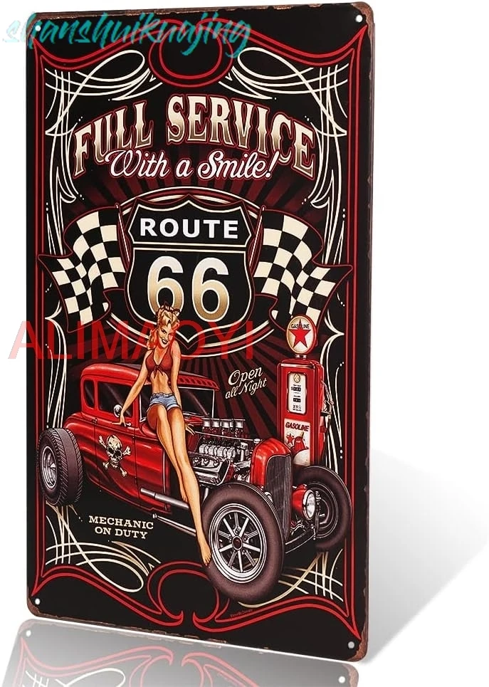 dingleiever-Full Service Hot Rod Route 66 Die Cut Metal Sign pin up girls with smile vintage Garage wall art good good