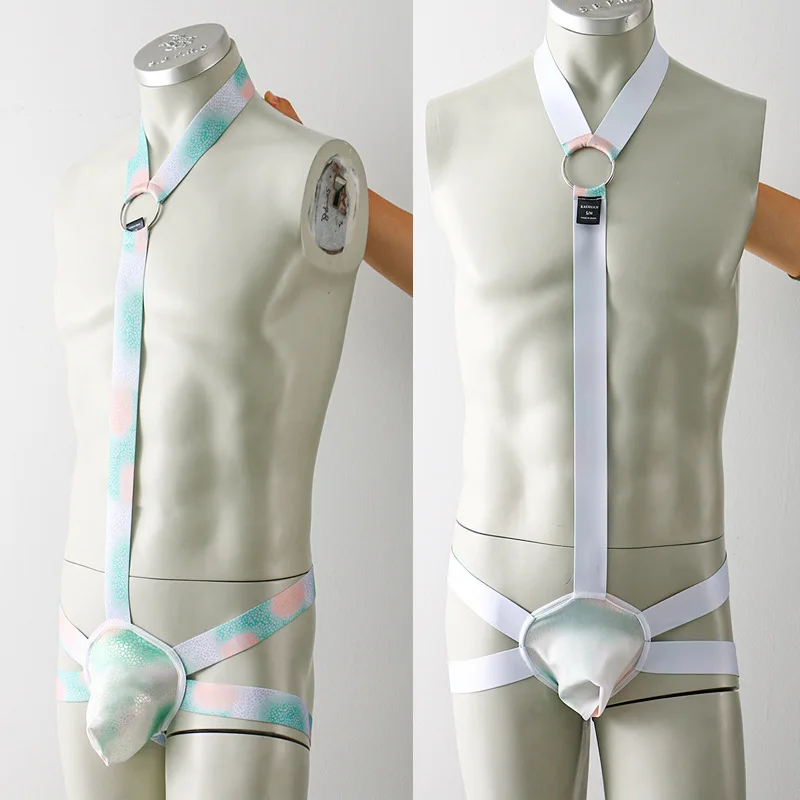 

Men's onesie stretch sports imitation leather underwear after fun triangular double-cubed jumpsuit thin sexy shapewear