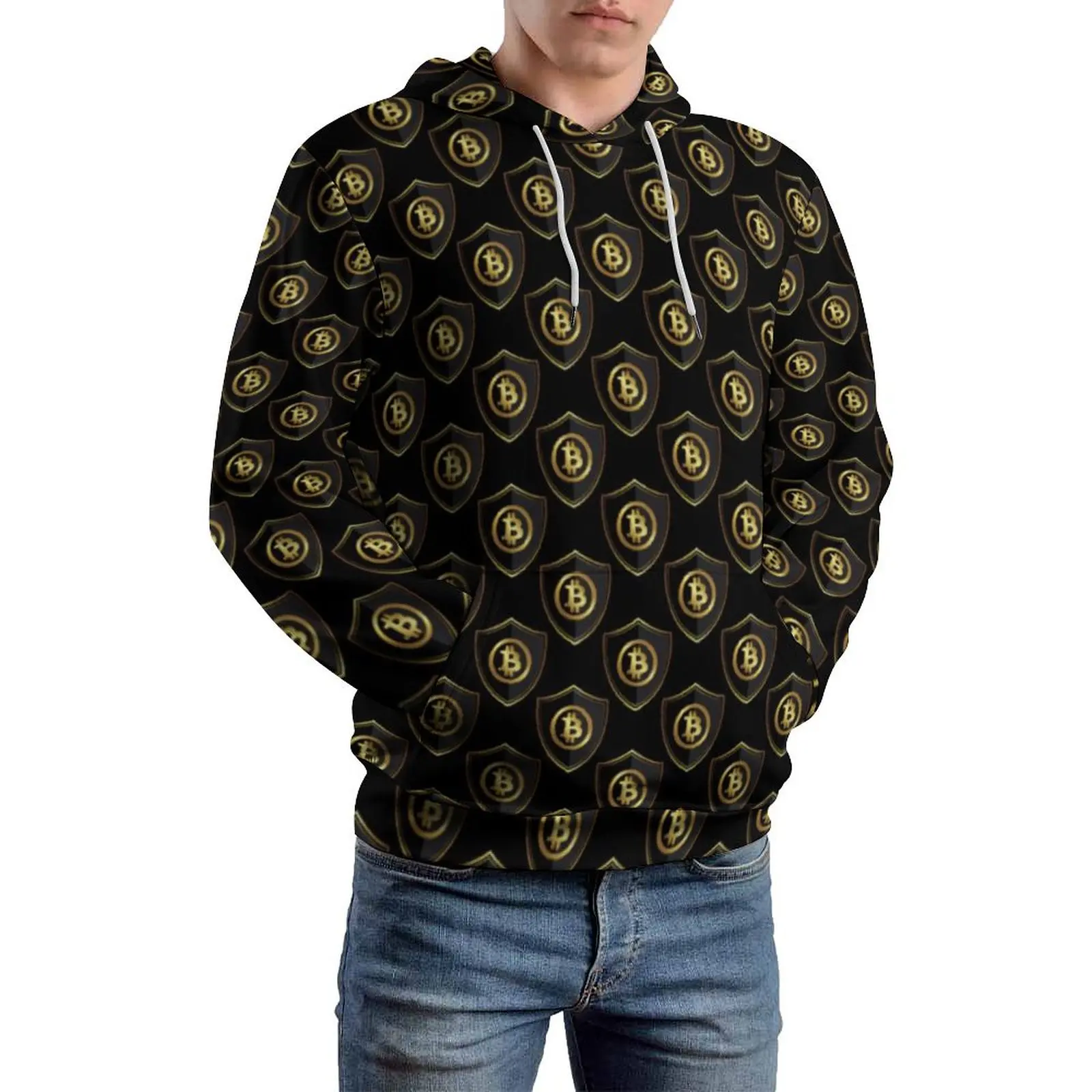 

Bitcoin Armored Crest Casual Hoodies Gold Coin Print Street Fashion Hoodie Man Long Sleeve Aesthetic Design Clothing Gift Idea