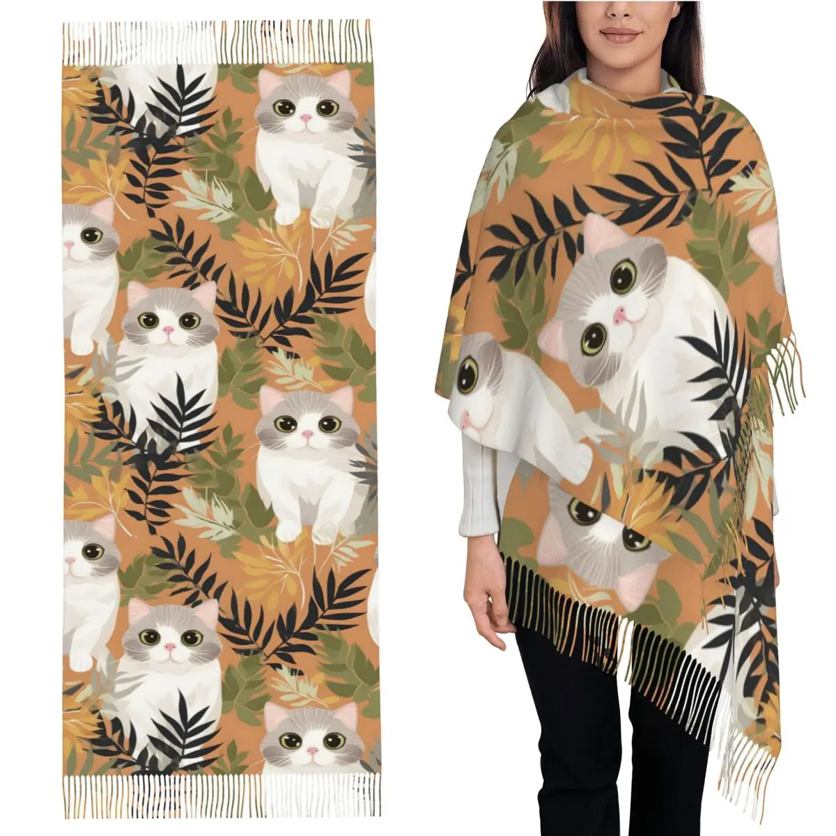 

Серый имбирь и сиамские котята, шарф с кисточками, женские мягкие теплые шали и накидки, длинная осенне-зимняя шаль