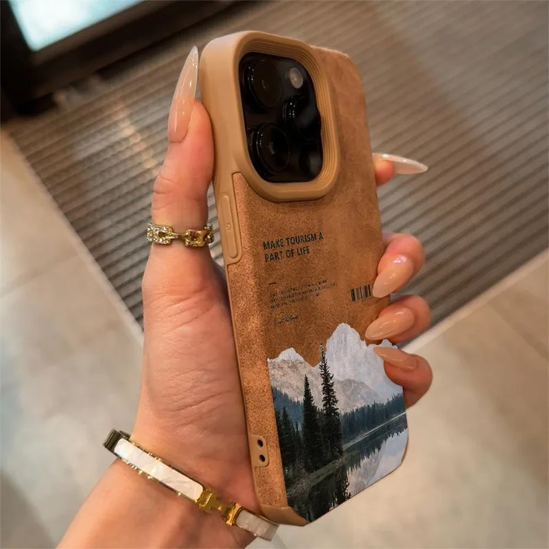 For iPhone 17 16 Pro Max 15 14 13 12 11 Case Mountain Motif Lake Scenery Cover For iPhone XS Max XR X 16 Plus Faux Leather Funda view 2
