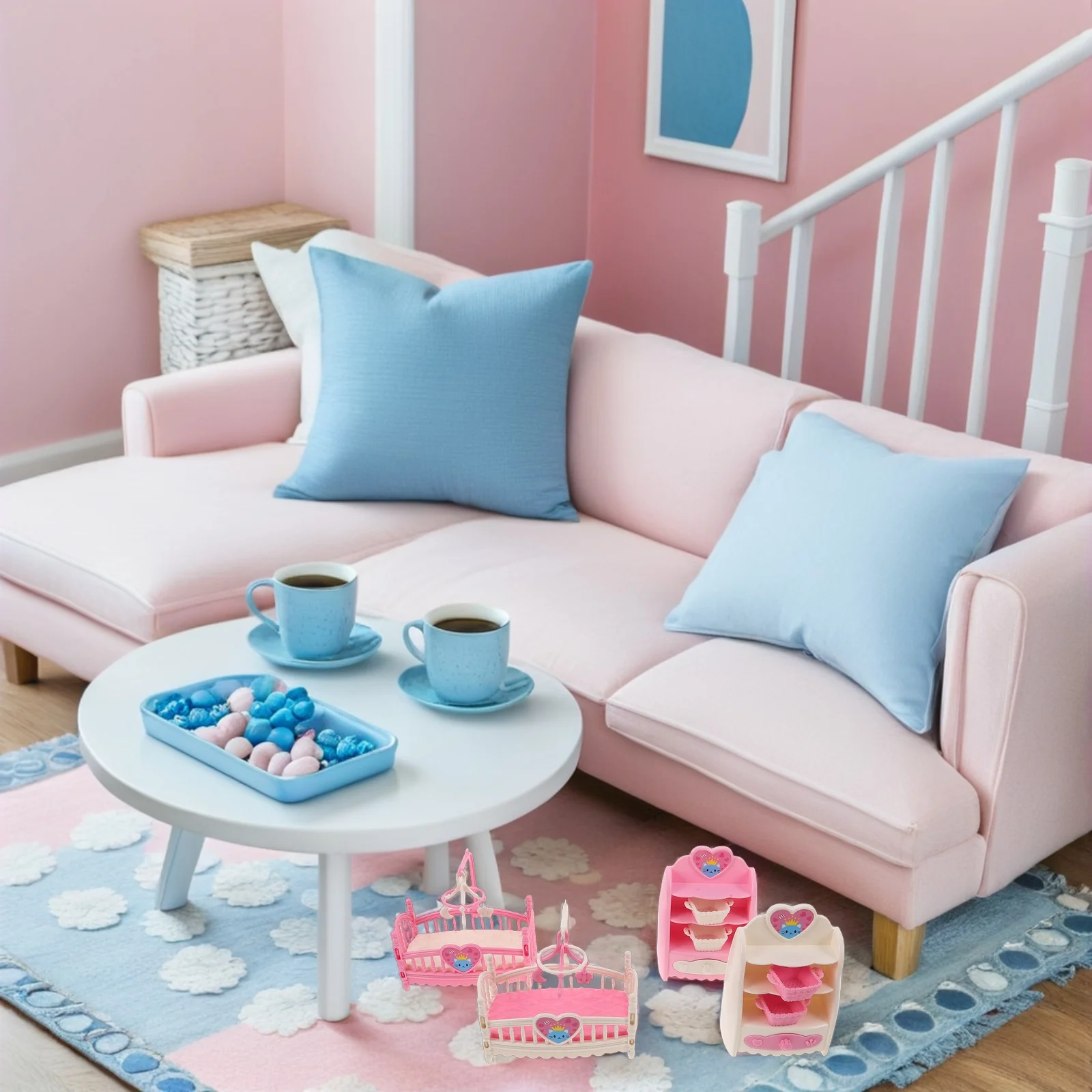 4-teiliges Miniatur-Krippe- und Schrank-Set für Puppenhaus, Kinderzimmer, Schlafzimmer, dekoratives Zubehör, Mini-Krippe ​ ​ Puppenhausmöbel ​