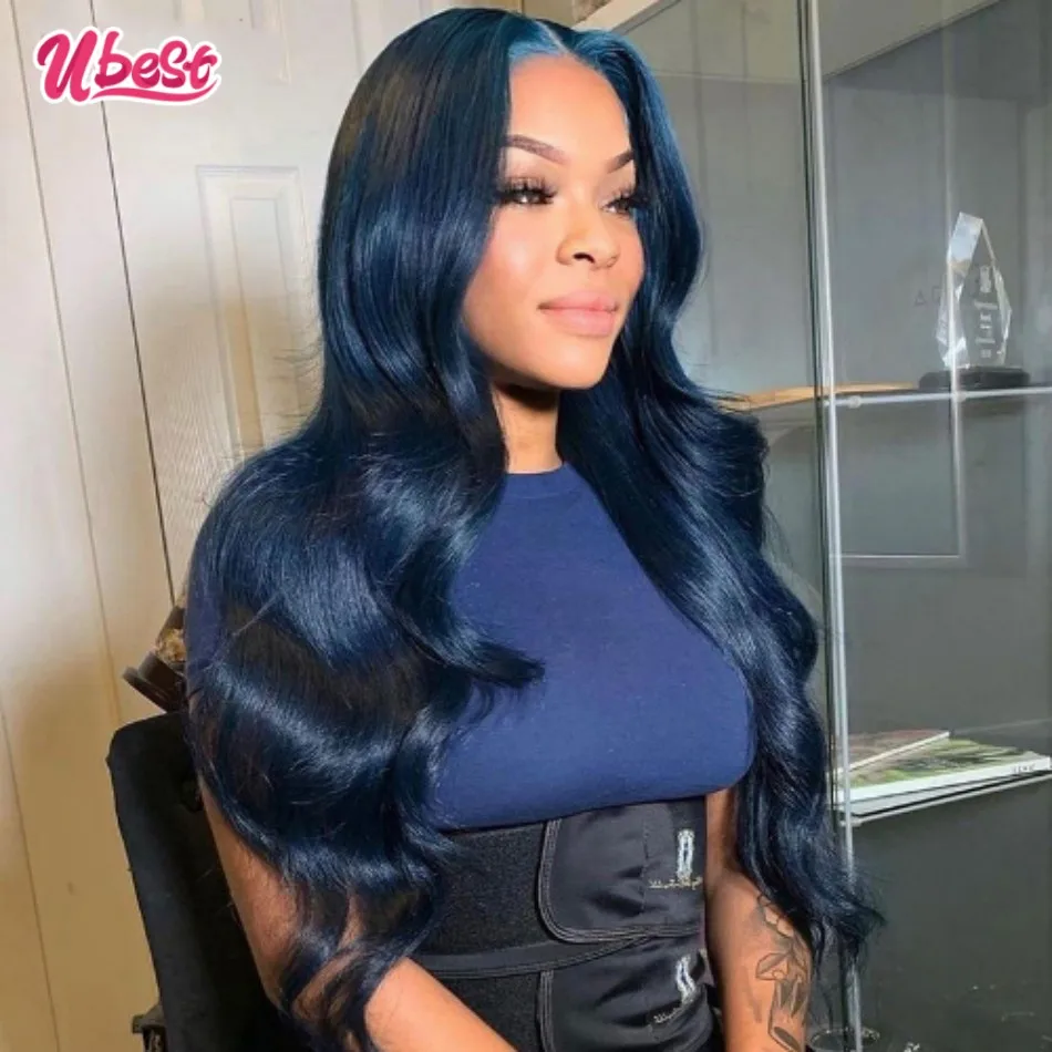 Ubest Dark Blue Wig Human Hair Brazilian Virgin Body Wave Transparent Lace Front Wig 180Density Human Hair Wigs Pre Plucked Remy