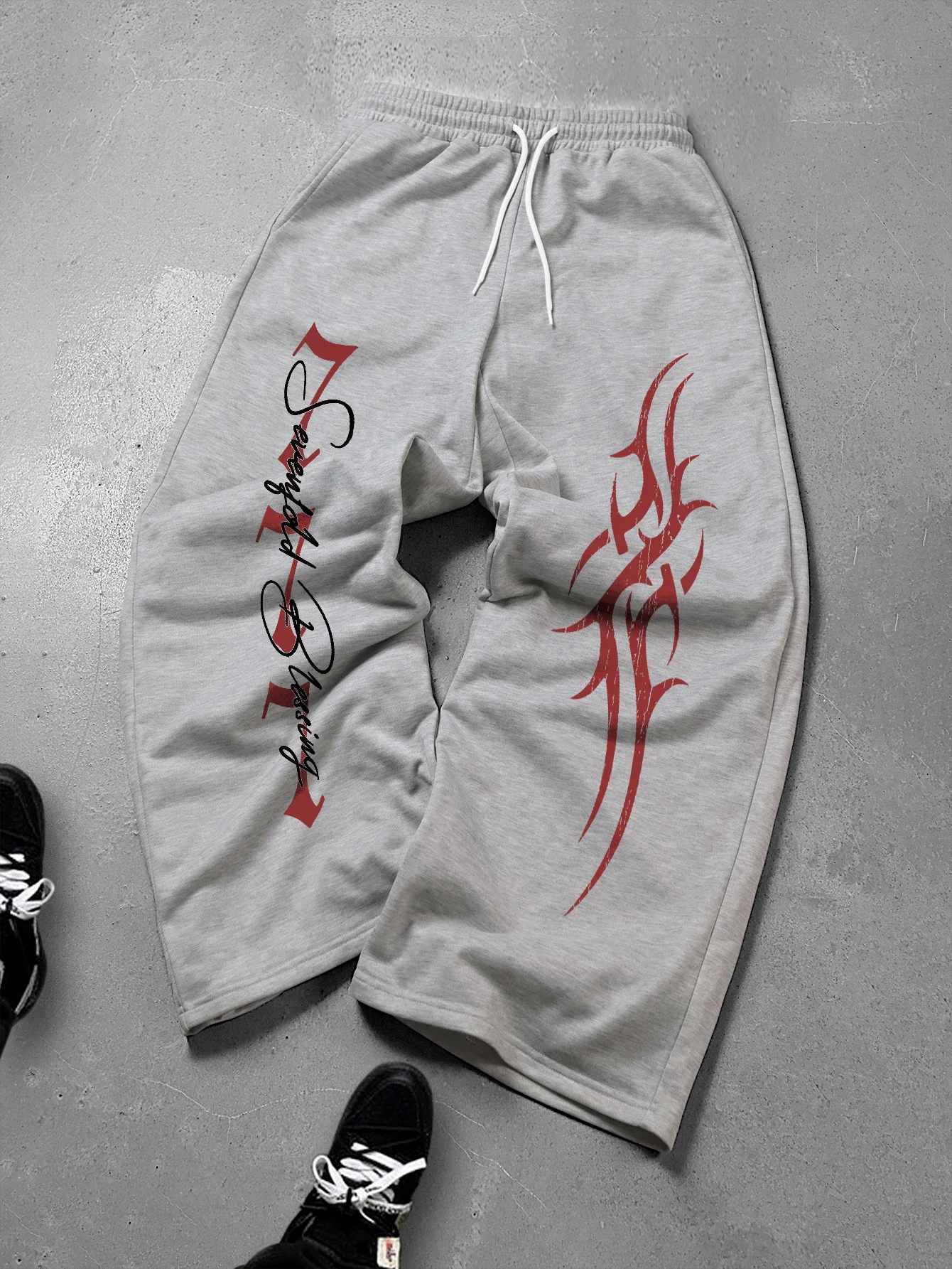 Wide Leg Trousers, Tribal Flame Letter Graphic Print, Drawstring Elastic Waist, Hip Hop Streetwear Casual Loose Pants