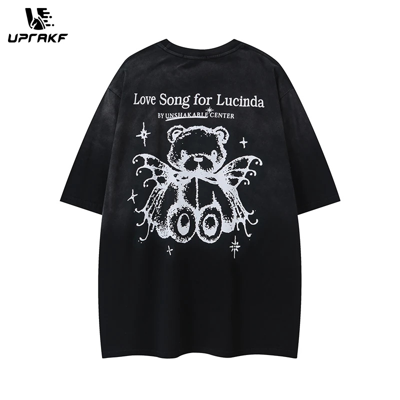 UPRAKF Streetwear T Shirts Trendy Crew Neck Tee Cute Bear Pattern Loose Cotton Short Sleeve High Quality Casual Summer