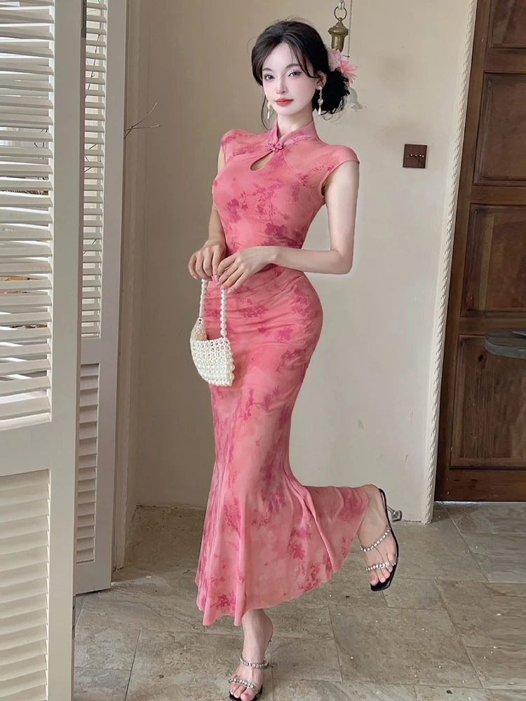 

Ele Sweet Printed Утягивающая длинная Qipao Dr Сексуальная облегающая юбка Китайский Sle Revival Женская летняя ort Sve Dr