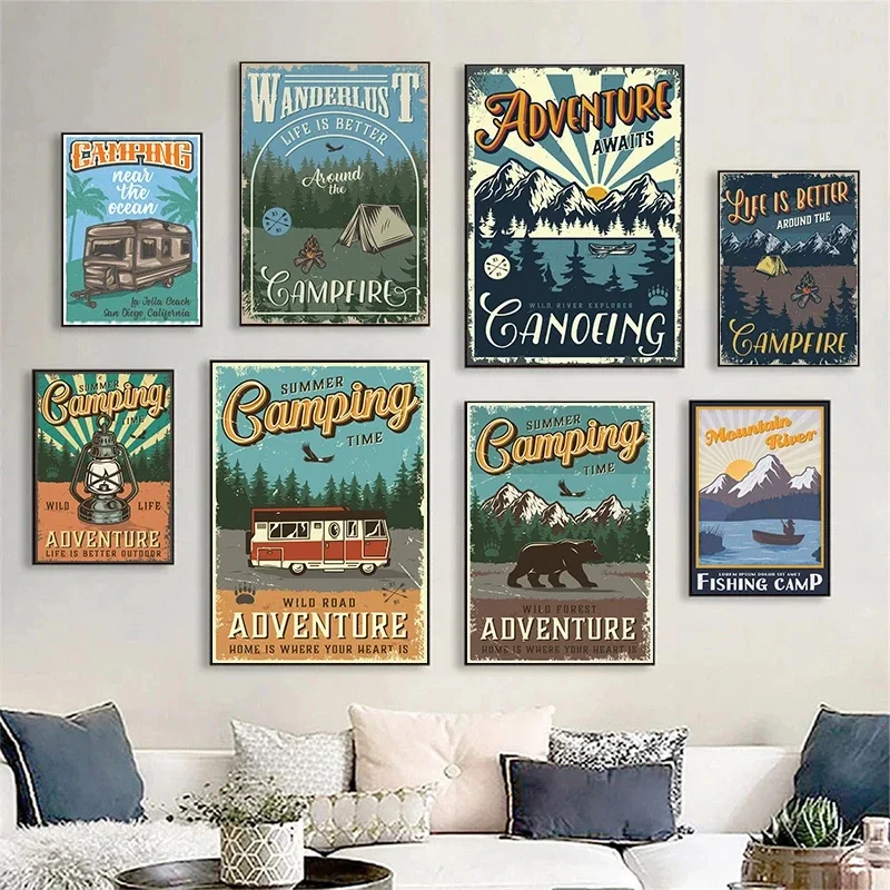 Nostalgic Retro Wild Camping Field Survival Picture Canvas Painting Wall Art Natural Scenery Poster and Print for Home Decor