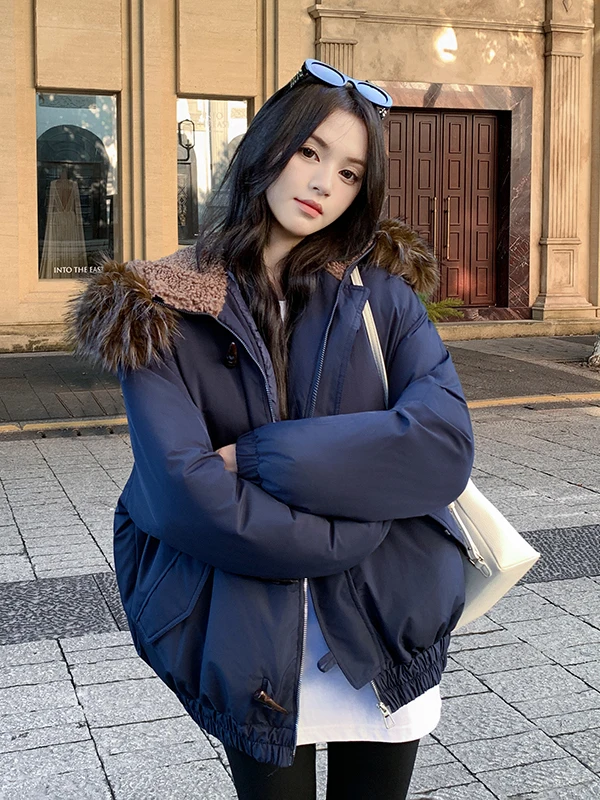 

Korean Sle Winter Thiened Bread Sle Coat Women's Loose Fit f Fur Collar Parka Cotton Jaet Student Faion Trend