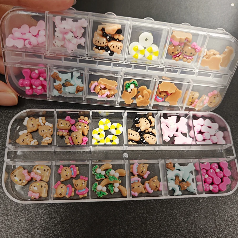 12grid/Box 5DCartoon Tanning Hello Kitty Nail Charms 8X10mm Black Shin  Kitty Nail Art Y2k Pink/White/Black Bow Kitty Nail Parts