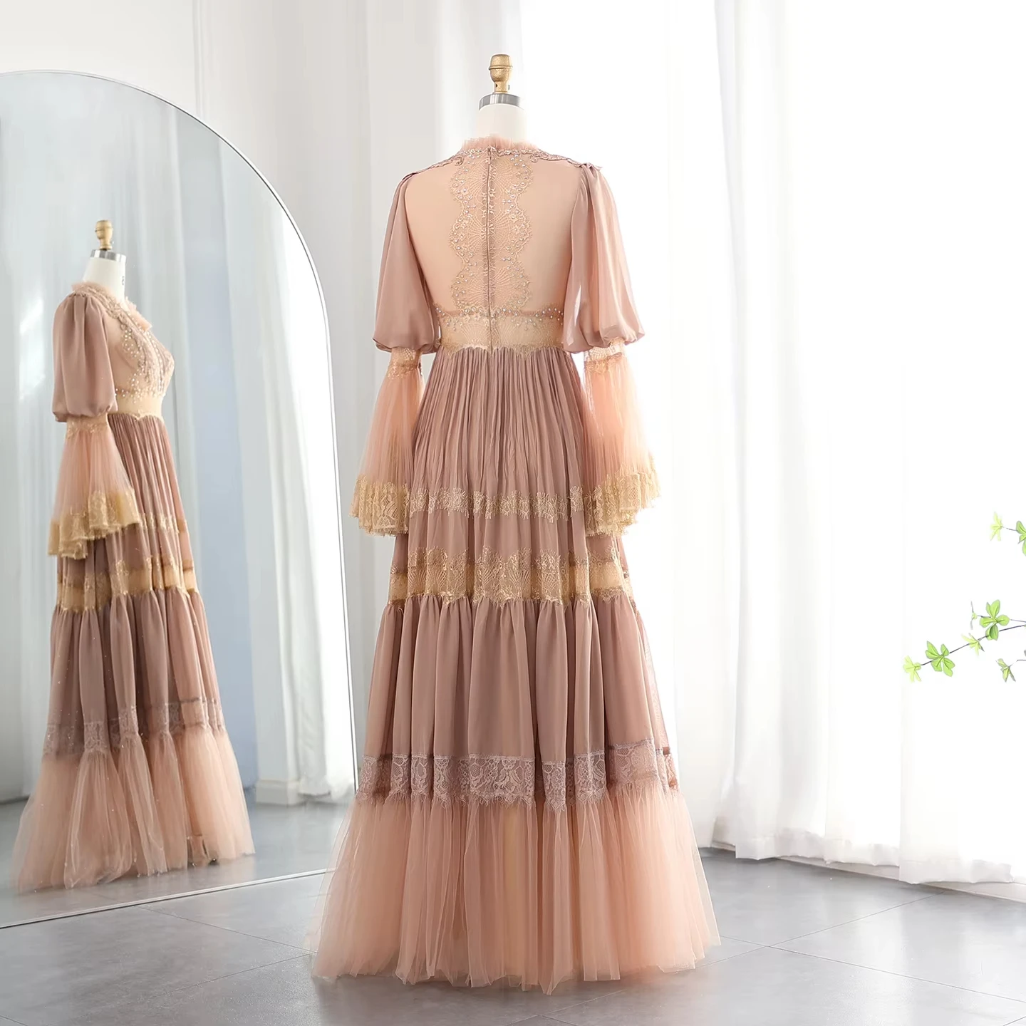 Customized Elegant Peach Lace Muslim Evening Dress Luxury Long Sleeves Arabic Dubai Women Wedding Party Gowns LSZ535 image 6