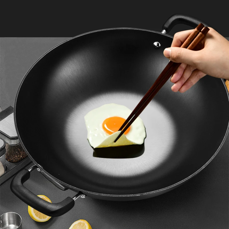 Uncoated cooking emperor wok binaural cast iron household old-fashioned iron pan flat bottom induction cooker gas universal