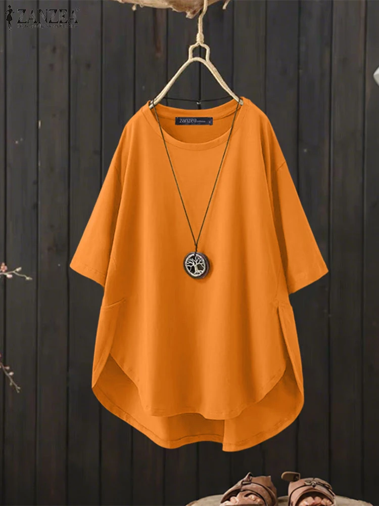

ZANZEA Women T-Shirts Casual Loose Tops 2025 Fashion Asymmetric Long Tunic Solid Half Sleeve Split Tees Fashion O Neck Pullovers