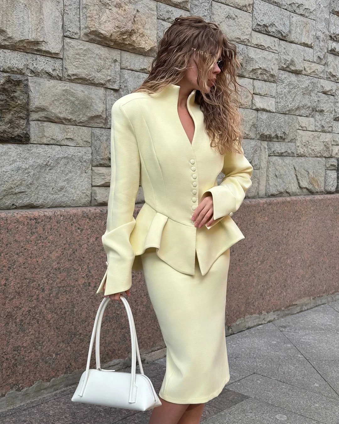 Baby-Gelb, formelle Damen-Rock-Anzüge, Übergröße, Rüschen-Blazer-Sets, 2-teilig, individuelles Büro-Dame-Show-Party-Outfit