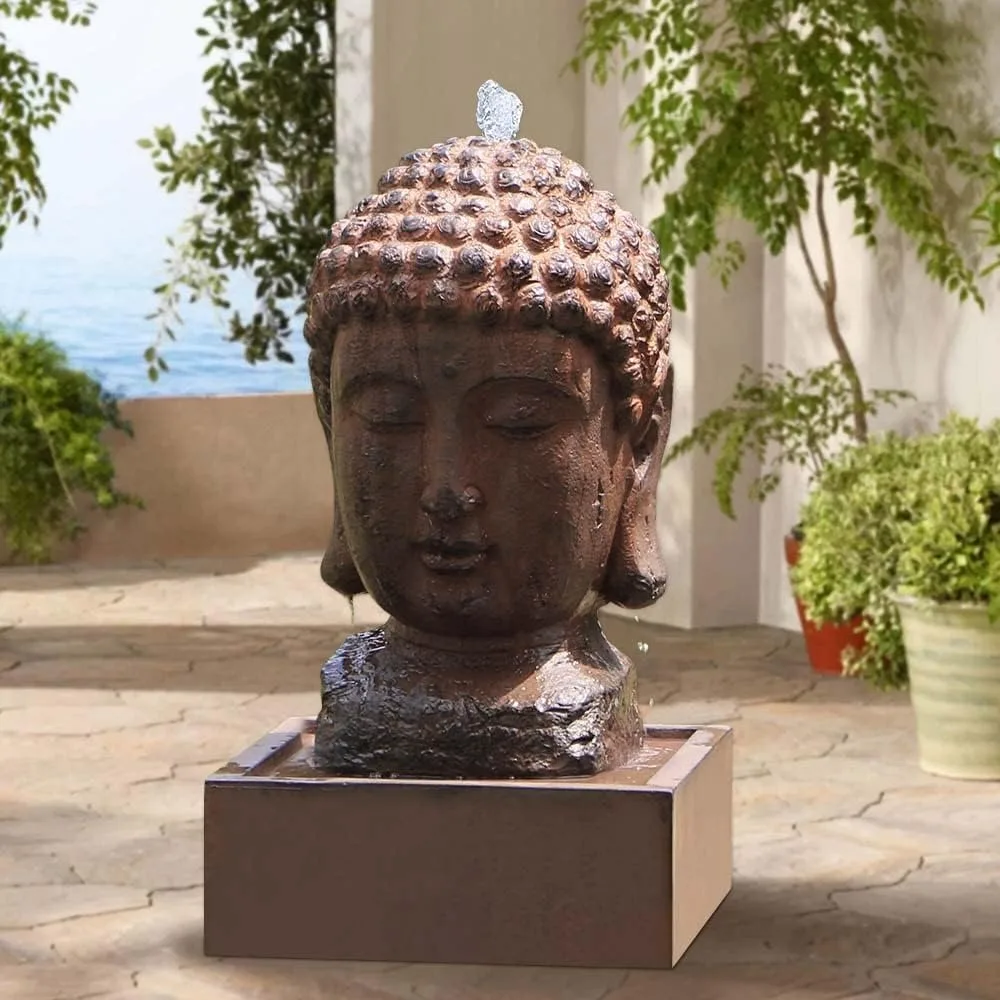 

Buddha Water Fountain Outdoor Indoor Zen Statue Decor Large Fiberglass Decorative Fountains in Rock Color 24" Height