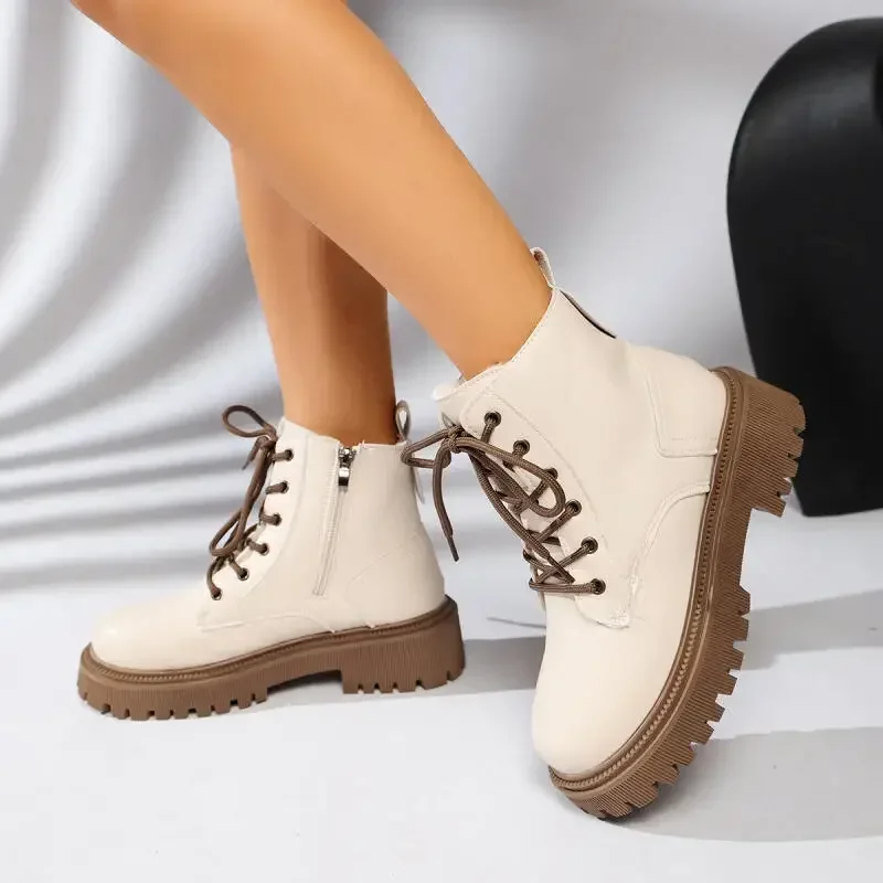 Women Non Slip Thick Bottom Motorcycle Boots Winter  Warm Plush Platform Ankle Boots Plus Size Women Black Short Booties