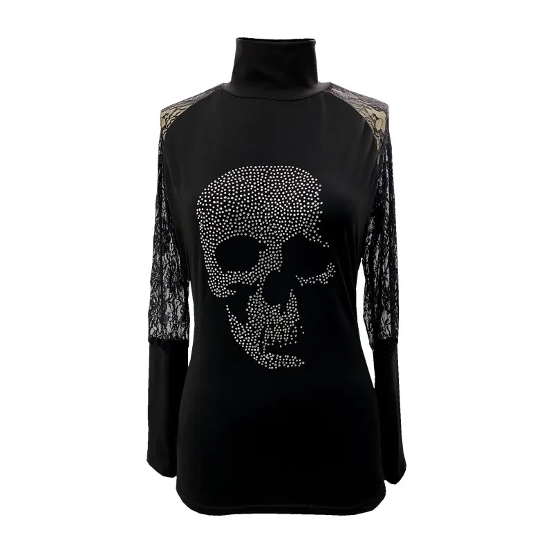 Spring and Autumn Women\'s T-shirt Skull Lace Panel High Neck Long Sleeve Top