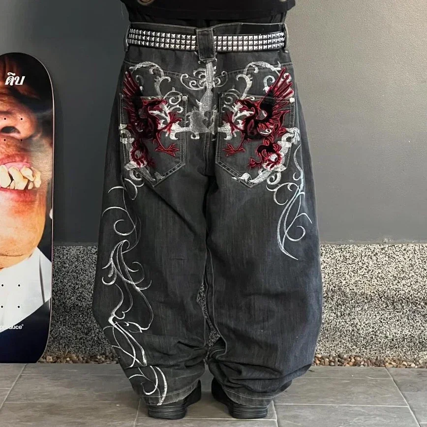 Calça retrô de perna larga reta feminina e masculina, moda de rua, hip-hop, casual, Y2K, Harajuku, bordado, novo, 2024