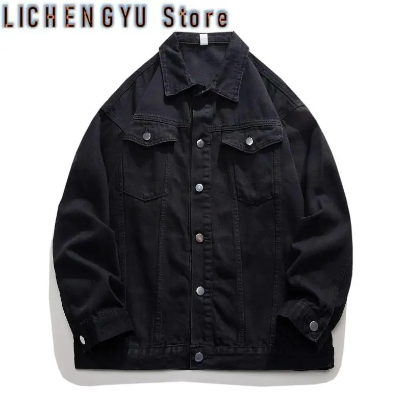 Pop Autumn Black Denim Jacket Men Fashion Retro Pocket Denim Jackets Men Streetwear Hip-hop Loose Bomber Jacket Mens Cowboy Coat