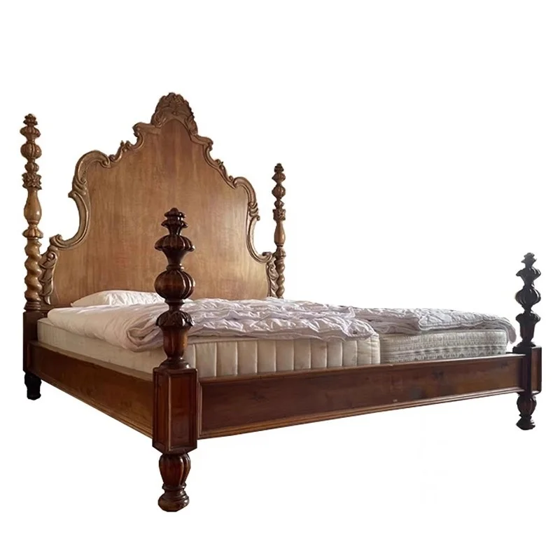 

&c American Retro Solid Wood Bed 1.8 Meters Carved Double Bed Master Bedroom Renaissance High-end French Country Pillar Bed