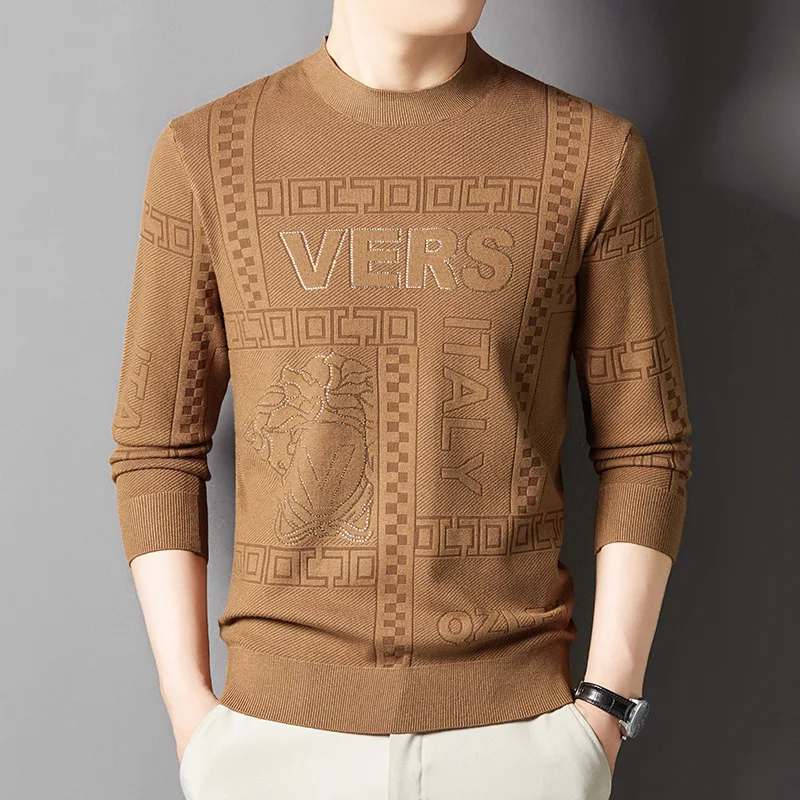 

High Quality Men's O-Neck Sweater Printed Pullover Long Sleeved Knitted Top Autumn/Winter Thickened Base Men's Clothing