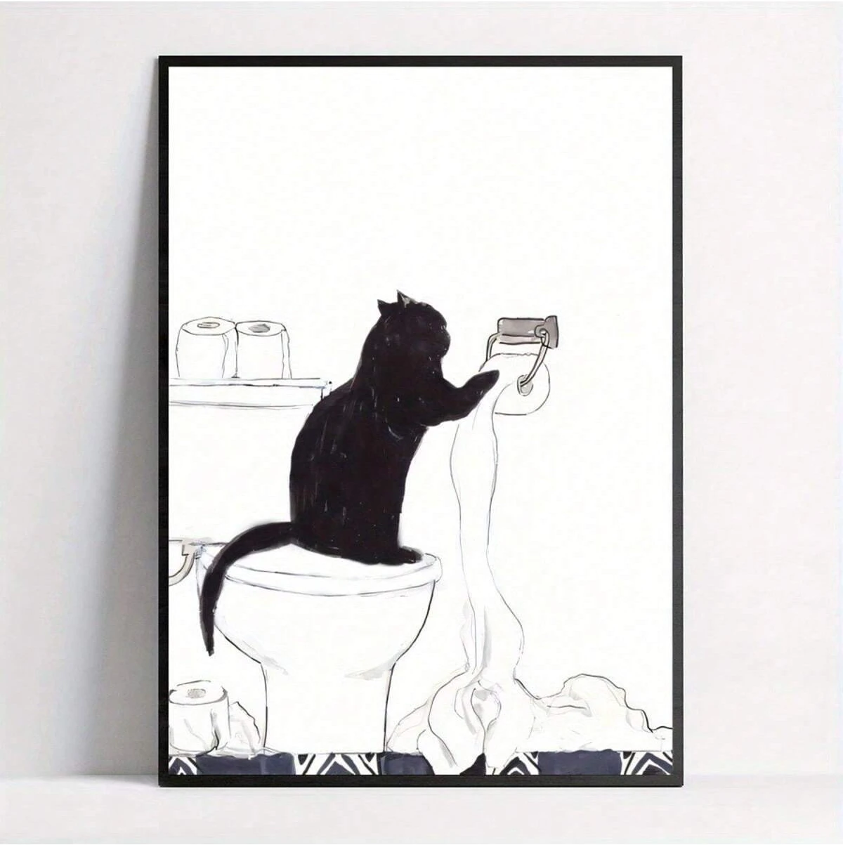 Arte de dibujos animados gato negro de pie en el inodoro, tejido de sujeción, regalo Ideal para dormitorio, sala de estar, decoración artística de pared, decoración de habitación