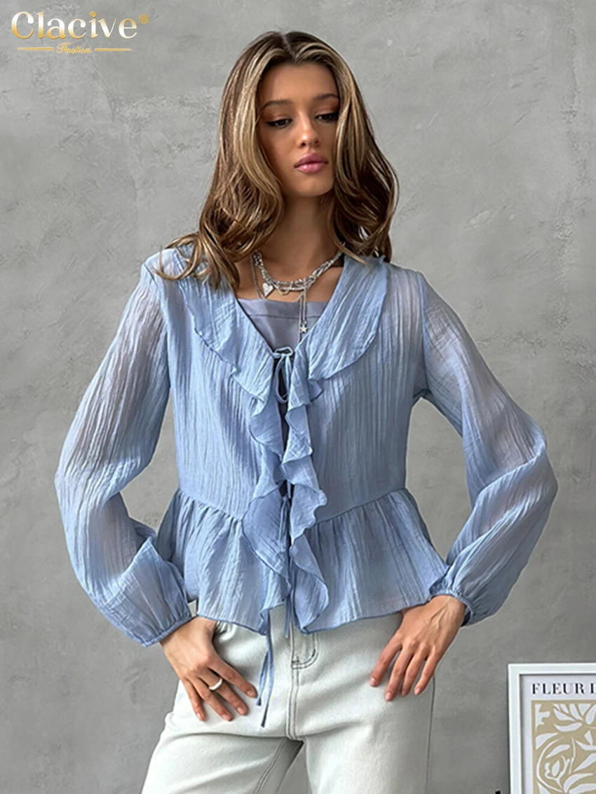 

Clacive Fashion Loose Blue Women's Shirt 2025 Casual Lapel Long Sleeve Shirts Elegant Classic Ruffles Solid Tops Female Clothing