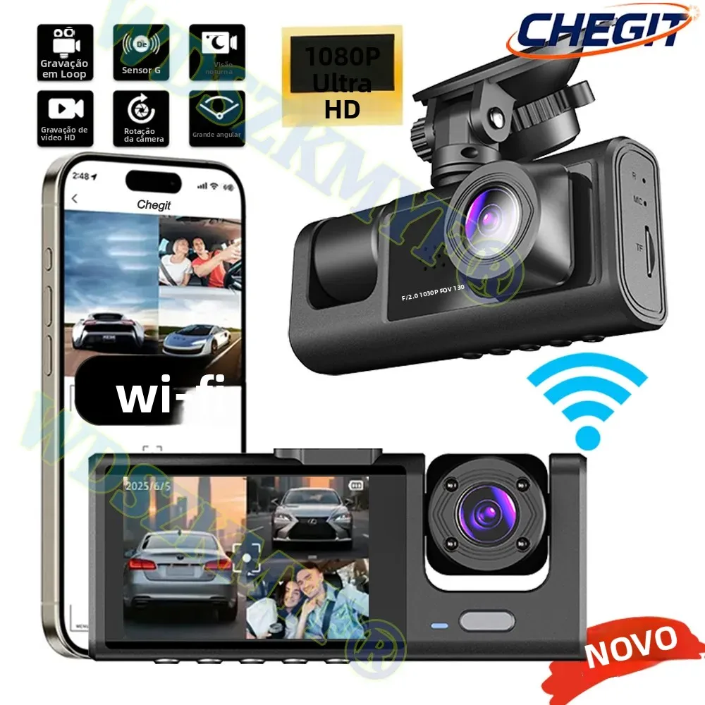 Câmera Veicular WIFI com 3 Câmeras 1080P, DVR Automotivo com 2/3 Lentes, Gravador de Vídeo, Caixa Preta, Gravação em Loop Automática, Acessórios Automotivos