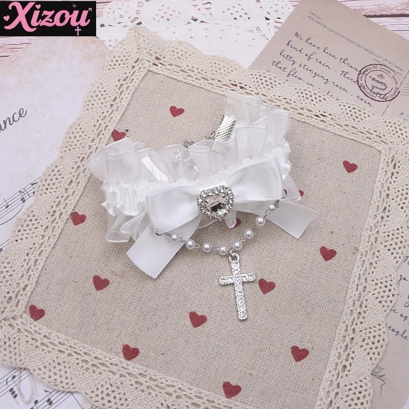 Handmade Japanese mass-produced sweet and cool bead chain rhinestone hand sleeve cross lolita bow ruffle edge bracelet women