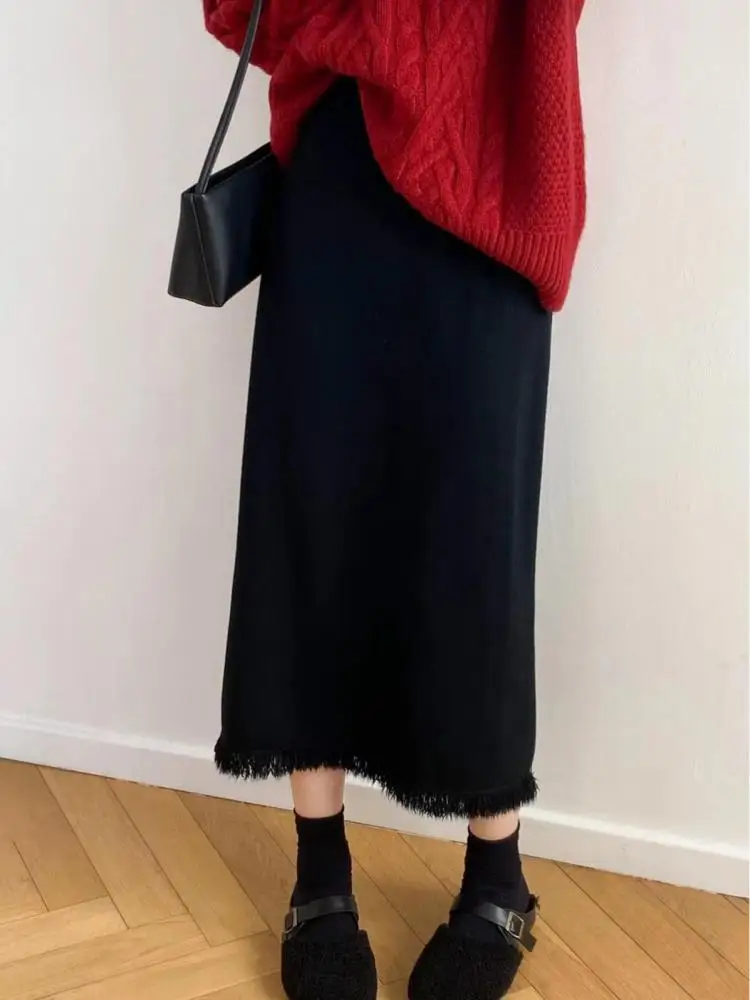 Herfst Winter Effen Kwastje Veelzijdige Gebreide Halve Rok Franse Retro Vrouwen Elegante Hoge Taille Vakantie A-lijn Lange Rok Populair