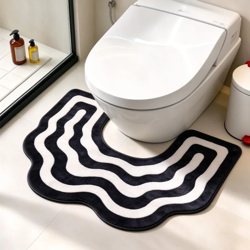 Modern Minimalist Wavy Black & White Striped U-Shaped Toilet Contour Mat Creative Geometric Lines Bathroom Rug Soft Plush Carpet