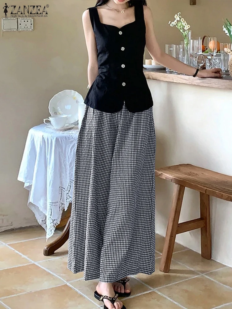 ZANZEA Gingham Checked Trousers Loose Casual Vintage 2024 Fall New Everyday Pantalon Women Commute Elastic Waist Wide Leg Pants