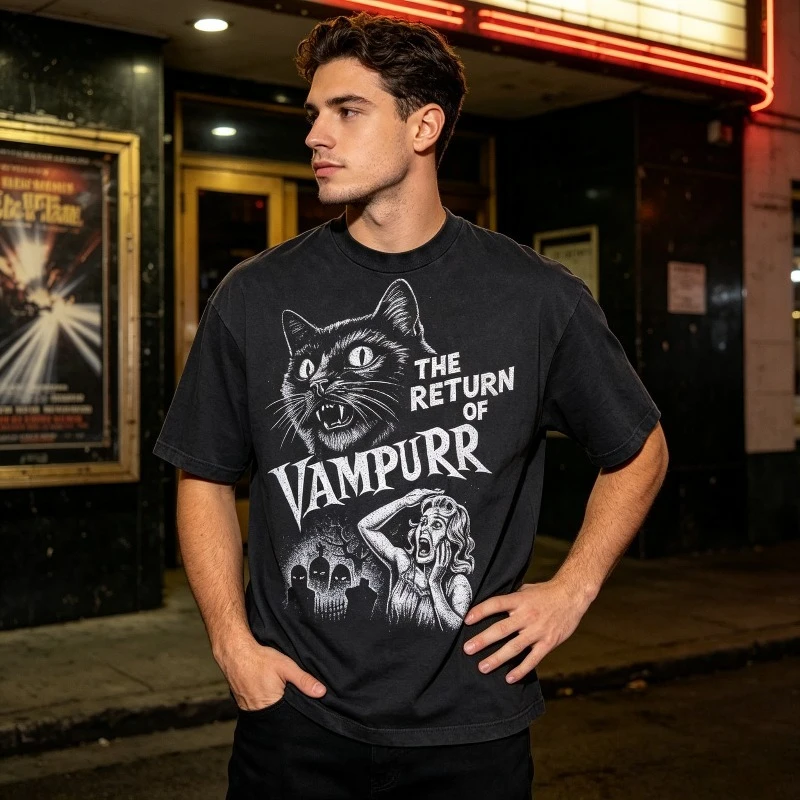 THE RETURN OF VAMPURR Men’s Funny Horror Cat Poster Print T-Shirt Soft Modal Casual Tee for Halloween Gift