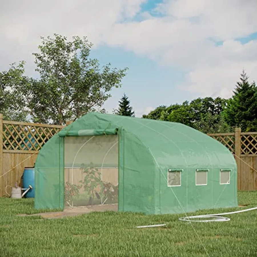 Walk-in Tunnel House for gardening, polyethylene material, white color, 11.5' x 10' x 6.5' with 7 mesh windows for ventilation
