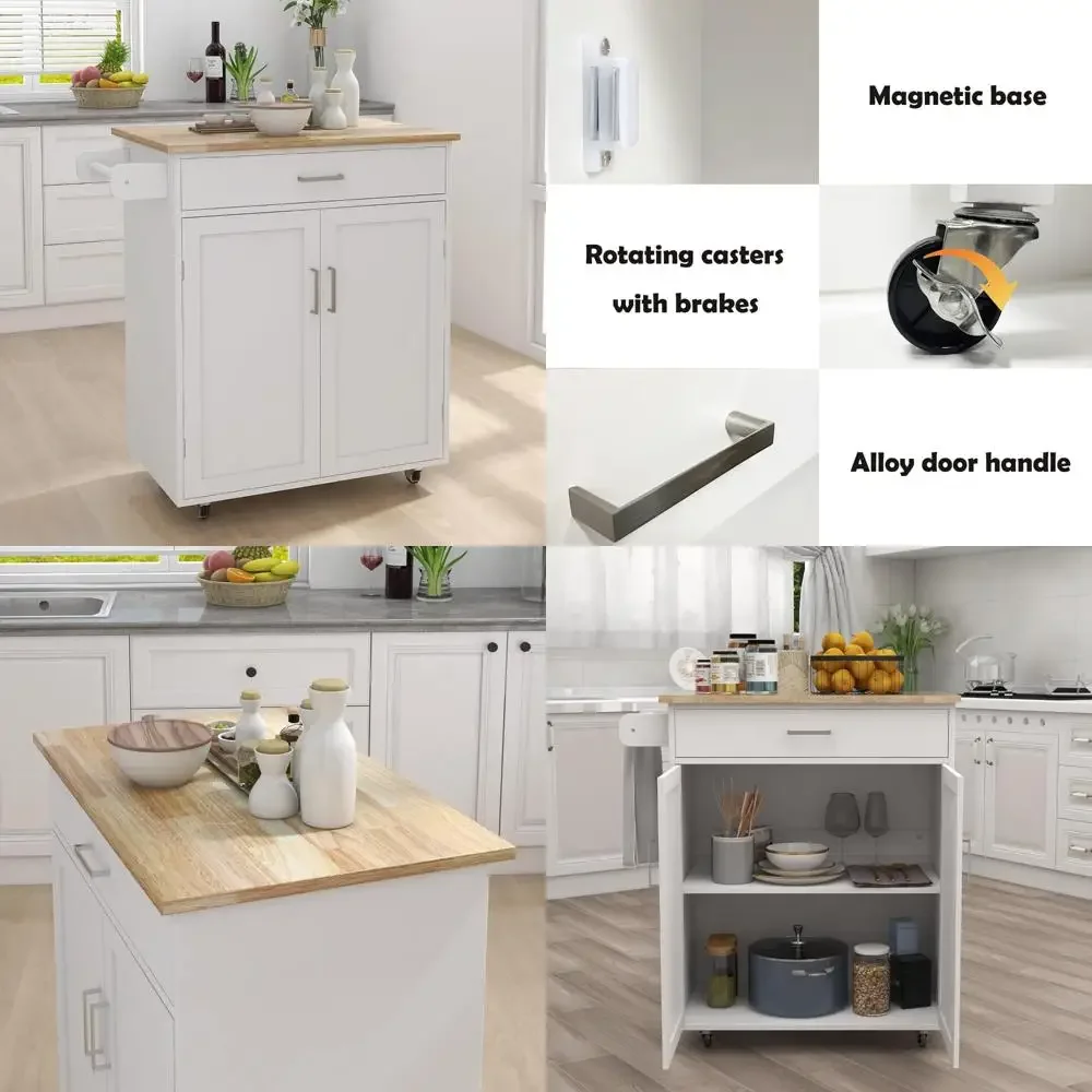 Biały drewniany wyspa kuchenna na kółkach, szafka do przechowywania, szuflada i gumowa blat do efektywnej organizacji.