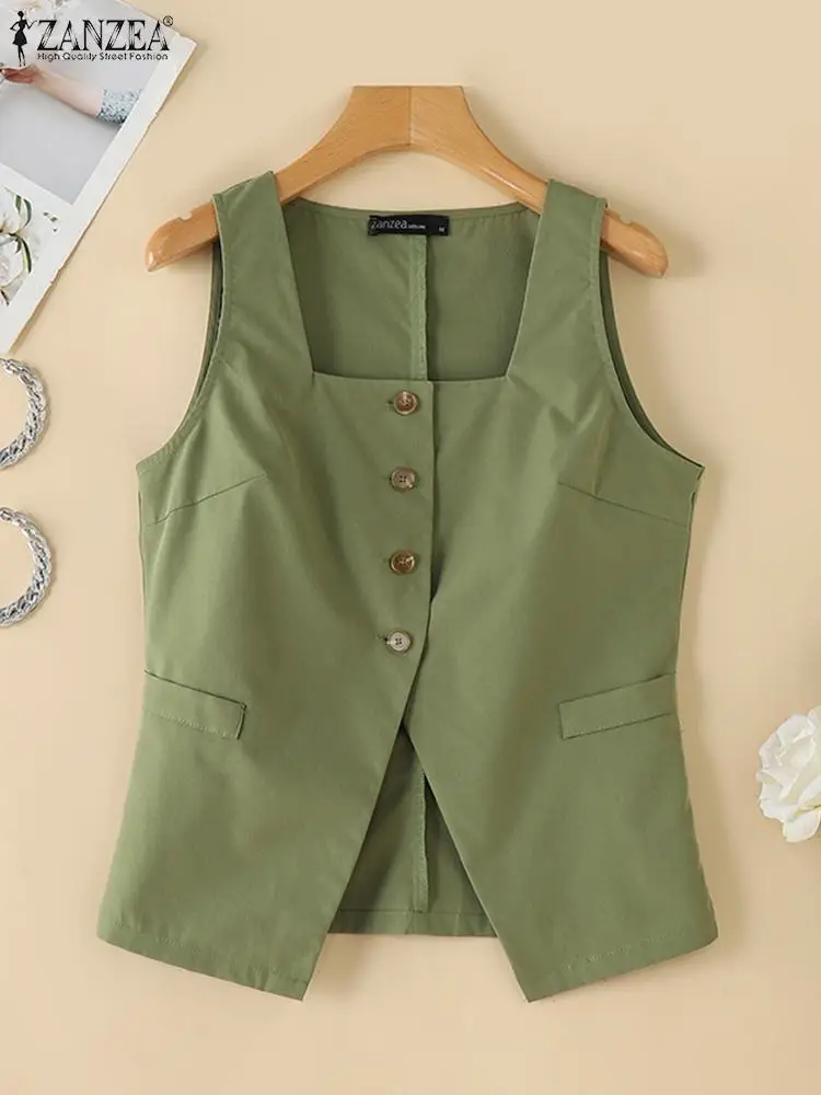 ZANZEA Fashion Women Square Neck Sleeveless Blouse Summer Vintage Tanks Tops Elegant Solid Buttons Up Work Shirt Casual Vests