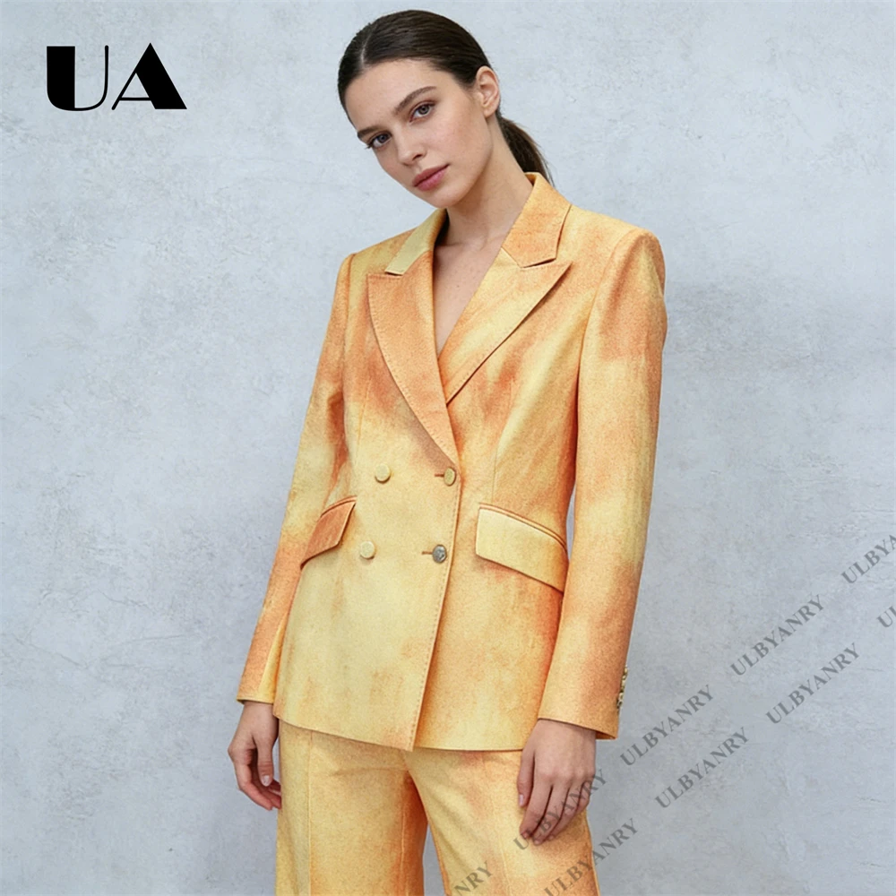

Женский костюм ULBYANRY с градиентным эффектом цвета охры, двубортный винтажный пиджак с брюками, модный брючный костюм-смокинг для женщин