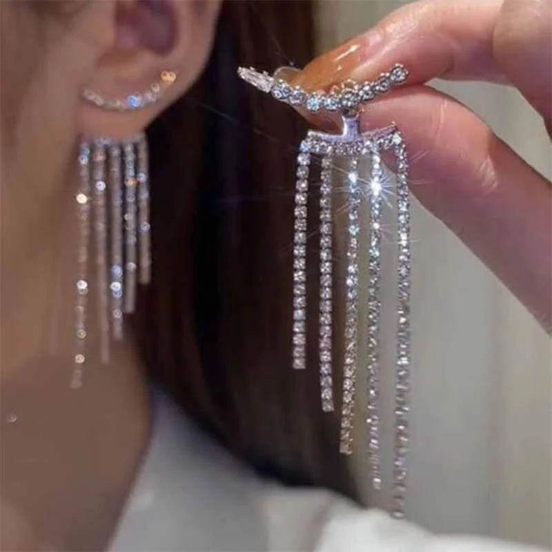 Elegant Fashion Crystal Tassel Earrings for Women Drop  Crystal Diamond Dangle Earrings Wedding Earring Birthday Party Jewelry