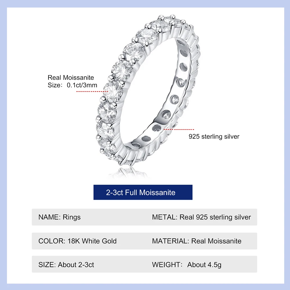 Timerain Real 3mm Full Moissanite Wedding Band Ring for Women 925 Sterling Silver Enternity Diamond Band Engagement Party Gifts