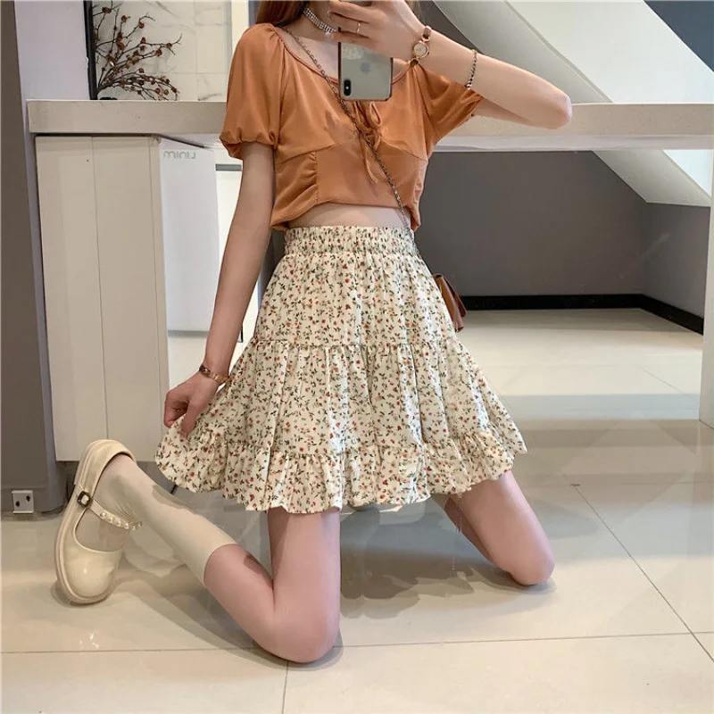 Skirts Women Vintage Floral Summer New Korean Style Ruffles Sweet Elastic Waist Aesthetic All-match Empire A-line Mini Clothing