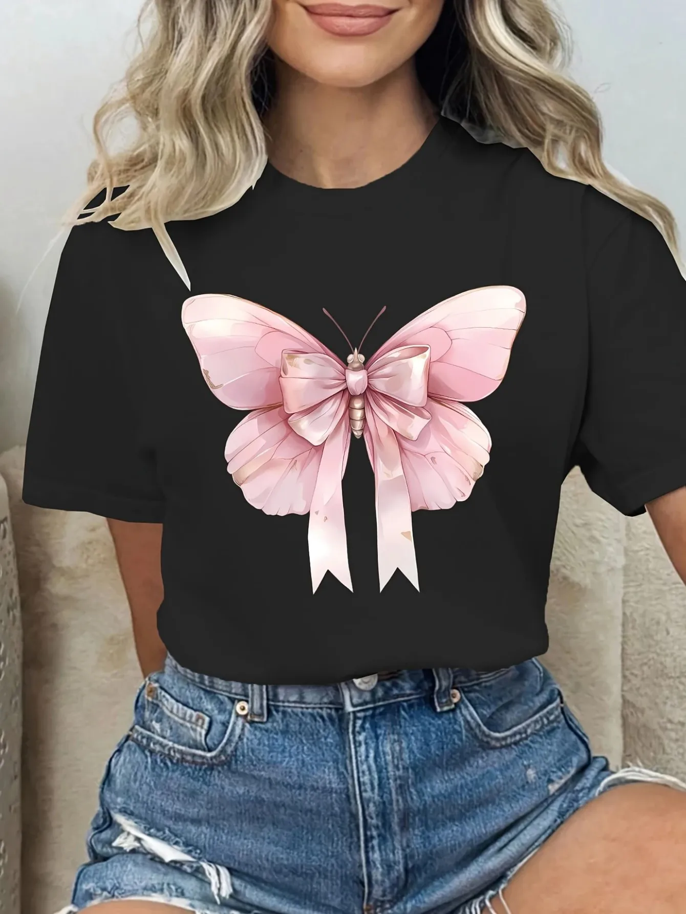 

Women's Pink Butterfly Bow Graphic T-Shirt Harajuku Short Sleeve Casual Women's Clothing Street Tops Tees Aesthetic Clothes