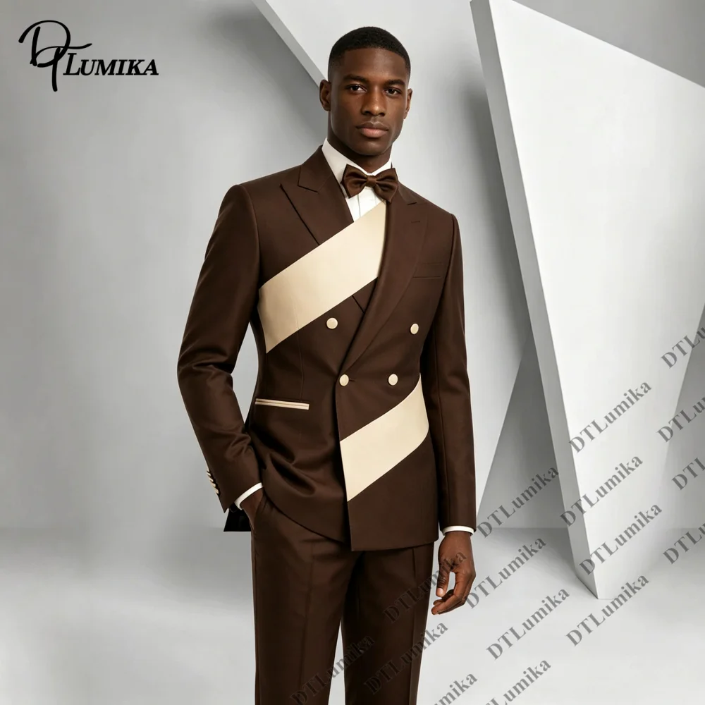 Men Contrast Color Block 2‑Piece Suit Bespoke Double‑Breasted Blazer Trousers Modern Gentleman Outfit for Wedding Guest Cocktail