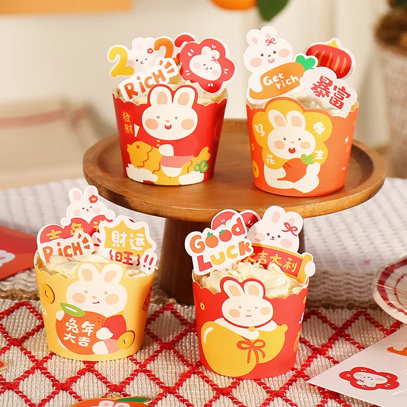 50pcs 2023 Lunar New Year Cupcakes Bunny Muffin Cups Chinese Spring Festival Birthday Wedding Party Decoration Baking Supplies