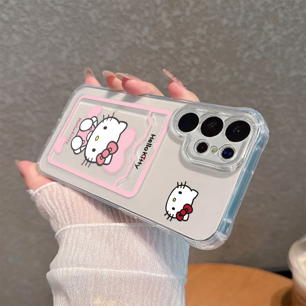 Cartoon Hello Kitty Hot Funny Card Hold Phone Case For Samsung S24 S23 S22 S21 S20 FE Plus Ultra M54 5G Anti-fall Clear Cover