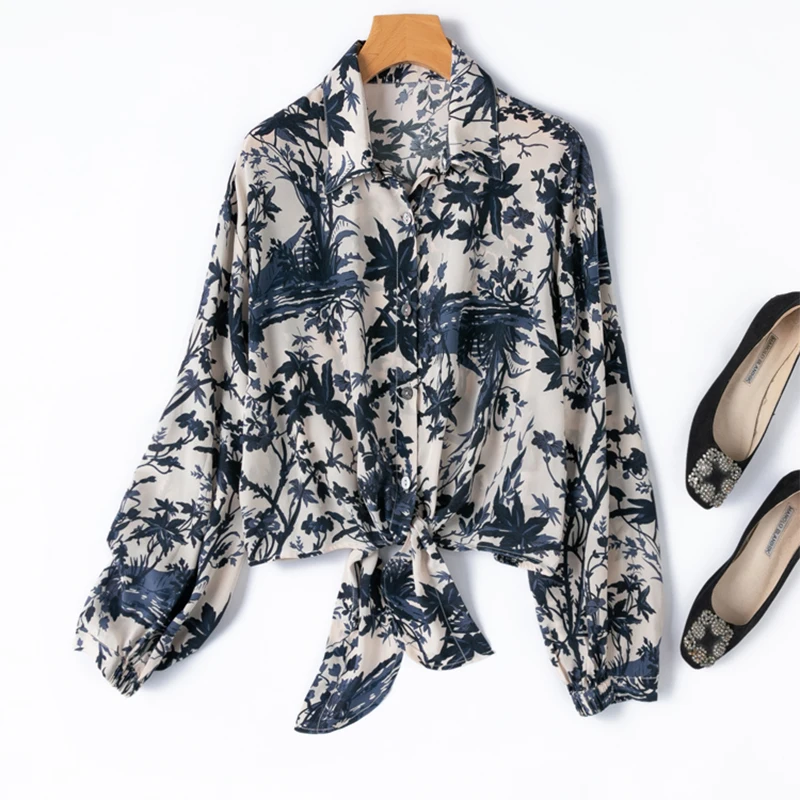 

Women Silk Shirt 100% Mulberry Crepe Silk 16 Momme Beige Long Sleeve Bow-tie Bottom Loose Type Top Blouse M1276