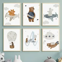 Custom Name Boho Space Rocket Bear Mouse Hedgehog Nursery Wall Art  Childrens Prints Posters Canvas Painting for Kids Room Decor