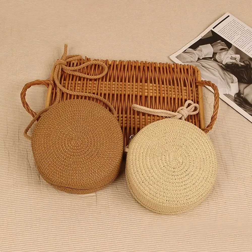 Handmade Knitted Round Straw Bag Beach Crossbody Bag for Ladies Children Cute Shoulder Rattan Woven Candy Color Small Handbag