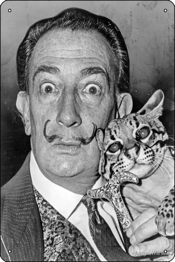 1p,Salvador Dali photo with ocelot and cane. Photographic Print Funny Metal Tin Sign for Home Kitchen Bar Room Garage Decor