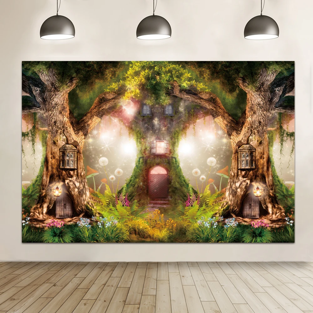 Laeacco Enchanted Forest Jungle Backdrop for Photography Magic Mushroom Flower Wonderland Birthday Portrait Photo Background